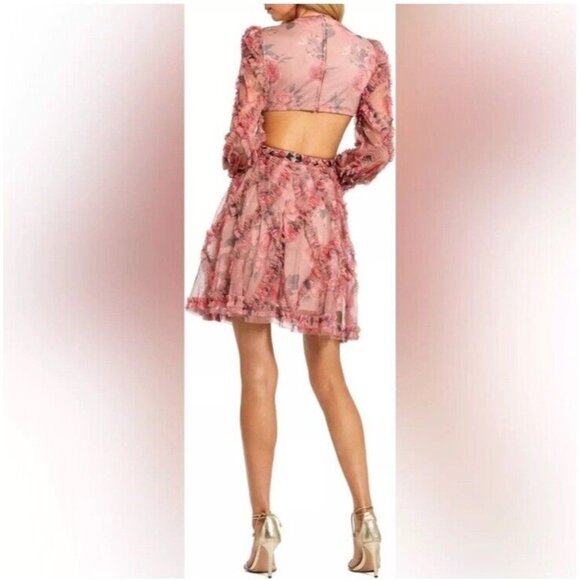 Mac Duggal Side 4 Pink Floral A9151 Long Sleeve V Neck Cut Out Mesh Mini Dress - Picture 3 of 11